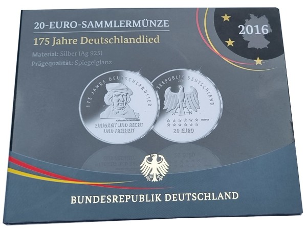 20 Euro Silber Gedenkmünze 175 Jahre Deutschlandlied 2016 PP Spiegelglanz Blister