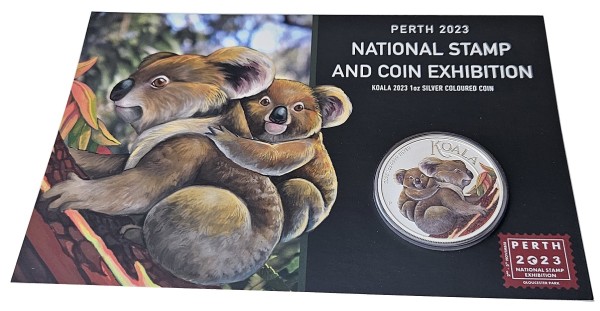 Australien 1 Oz Silber Koala 2023 Farbe - Perth Stamp and Coin Exhibition im Blister