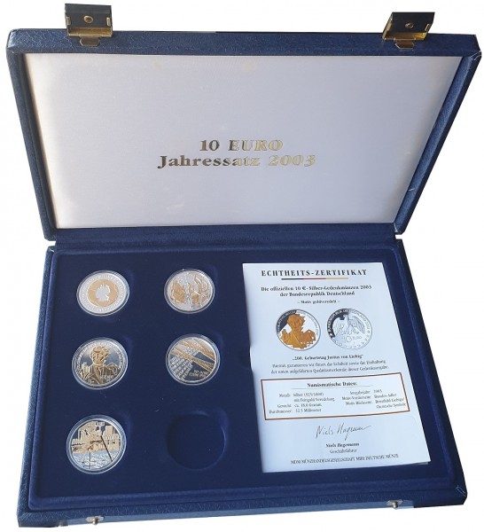 5 x 10 Euro Silber Gedenkmünzen 2003 mit Goldapplikation in Münzkassette