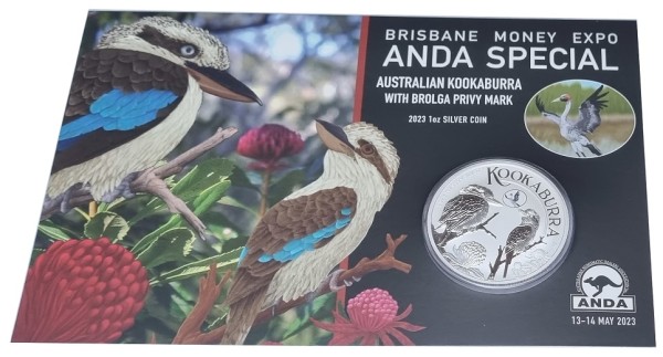 Australien 1 Oz Silber Kookaburra 2023 Privy Brolga - Brisbane Money Expo - Anda Special im Blister