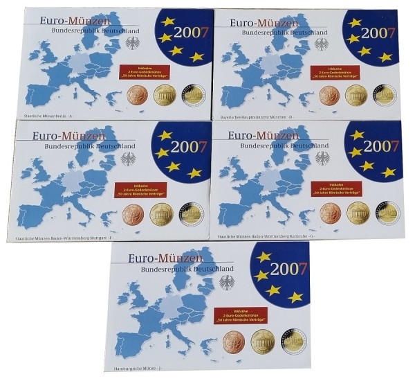 BRD: 5 x 5,88 Euro Kursmünzensatz ADFGJ 2007 Spiegelglanz - Original Blisterverpackung